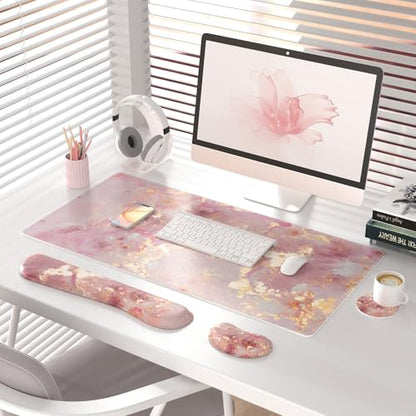 QiyI Leather Desk Mat Set, 4-in-1 Large Mouse Pad with Ergonomic Wrist Rest, Waterproof Desk Pad + Keyboard Wrist Rest + Mouse Wrist Support + Coaster, Non-Slip Office Gaming Accessories, Pink Marble - color: Pink Gold Marble