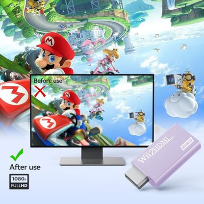GANA Wii to HDMI Converter Adapter with Hdmi Cable Connect Wii Console to HDMI Display in 1080p Output Video with 3.5mm Audio Supports All Wii Display Modes Purple - color: wii to hdmi Purple