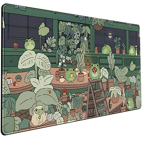 Cute Frog Mouse Pad Desk Pad Kawaii Green Desk Decor Mat, Large Gaming Mouse Pad for Desk Computer Keyboard Laptop, Home Office Accessories for Girl (31.5x15.7 in)-with Stitched Eges Pad - color: Green Bean Frog