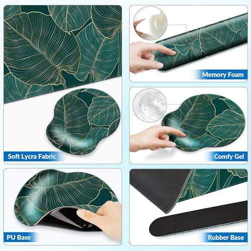 Desk Mat Set + Keyboard and Mouse Pad with Wrist Rest Support,4-in-1 Large Mousepad Computer Mats for Desktop Home & Office-Green Leaves - color: M-Green Leaves