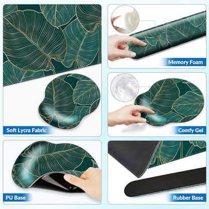 Desk Mat Set + Keyboard and Mouse Pad with Wrist Rest Support,4-in-1 Large Mousepad Computer Mats for Desktop Home & Office-Green Leaves - color: M-Green Leaves