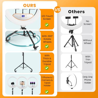 22" Foldable Ring Light with Stand 75" Tripod & Lockable Wheel/LED Display, for Live Tattoo Makeup Video Recording Barber Photography - size: 22 inch