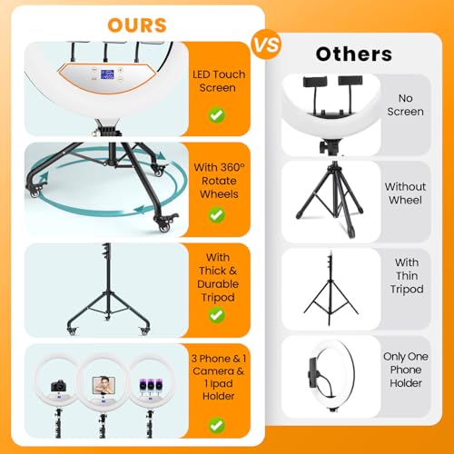18" Large Ring Light with Stand, Upgraded Foldable LED Big Ringlight with 75" Tripod & Wheel Tray for Live Tattoo Makeup Video Recording Barber Photography - size: 18 INCH