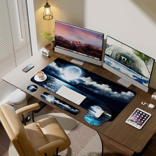 Desk Mat Set + Keyboard and Mouse Pad with Wrist Rest Support,4-in-1 Large Mousepad Computer Mats for Desktop Home & Office-Night Moon - color: H-Night Sea