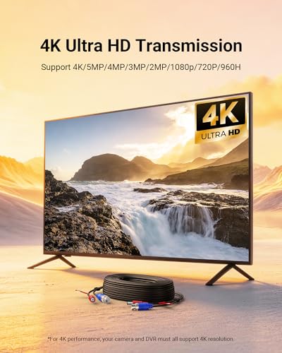 Anlapus 60ft 4K Ultra HD All-in-One Video & Power Cable, 8MP BNC Extension Cord for CCTV Security Camera DVR Analog Wired Surveillance Systems – Includes BNC Connector + RCA Adapter - size: 60ft Cable-4K
