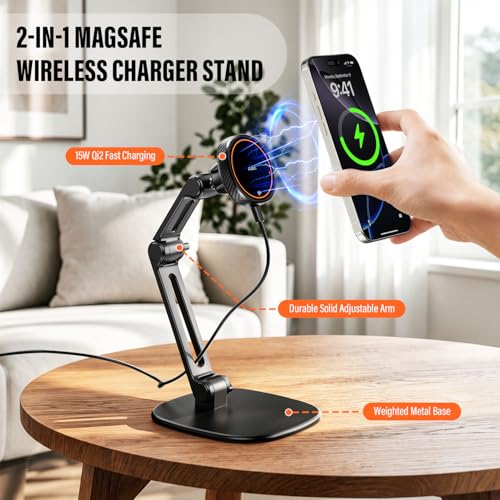 APPS2Car Qi2 15W Wireless Charger Stand for MagSafe, Height Adjustable Foldable iPhone Stand with Metal Base for iPhone 17/16/15/14/13/12 Series, No Adapter - color: Black - Wireless Charging Stand