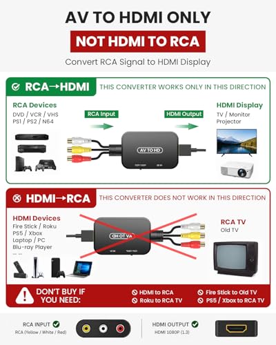 RCA to HDMI Adapter,Viagkiki AV Converter,RCA Female to HDMI Converter Composite Audio Video Converter for PS1, PS2, PS3, STB, Xbox, VHS, VCR,Black-Ray DVD Players(Cable Included) - color: Black