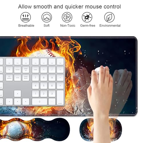 4 in 1 Ergonomic Keyboard Wrist Rest & Mouse Pad Wrist Rest Set, Large XXL Gaming Desk Mat 31.5"x 11.8" with Non-Slip Base, Memory Foam for Home Office Study Gaming, Burning Baseball Fire and Water - color: Burning Baseball Fire and Water