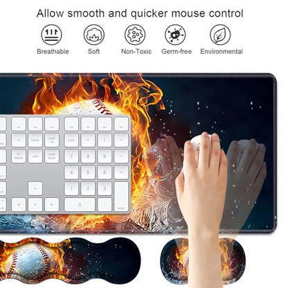4 in 1 Ergonomic Keyboard Wrist Rest & Mouse Pad Wrist Rest Set, Large XXL Gaming Desk Mat 31.5"x 11.8" with Non-Slip Base, Memory Foam for Home Office Study Gaming, Burning Baseball Fire and Water - color: Burning Baseball Fire and Water