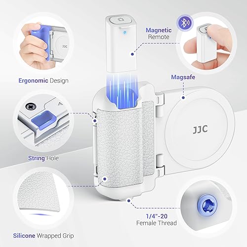 JJC Magnetic Phone Camera Grip Handle with Wireless Shutter Remote, Magsafe Camera Handle Bluetooth Bracket for iPhone Android Smartphone with 1/4” Tripod Screw for Video Photo Shooting (White) - color: White Standard Grip