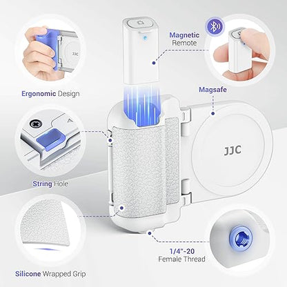 JJC Magnetic Phone Camera Grip Handle with Wireless Shutter Remote, Magsafe Camera Handle Bluetooth Bracket for iPhone Android Smartphone with 1/4” Tripod Screw for Video Photo Shooting (White) - color: White Standard Grip