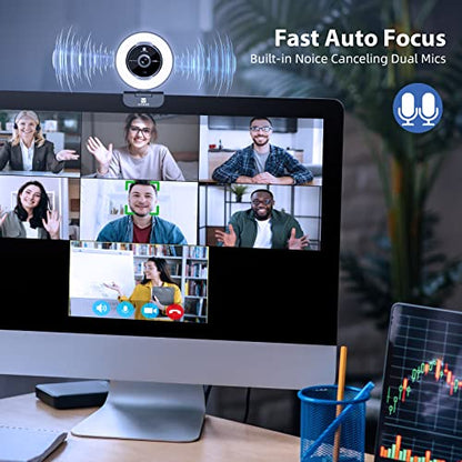 Zoomable Webcam with Remote Control, 1080P 60FPS Streaming Webcam with Adjustable Ring Light and Tripod, Pro USB 5X Digital Zoom Webcam for Zoom/Skype Teams/Laptop/Mac Windows