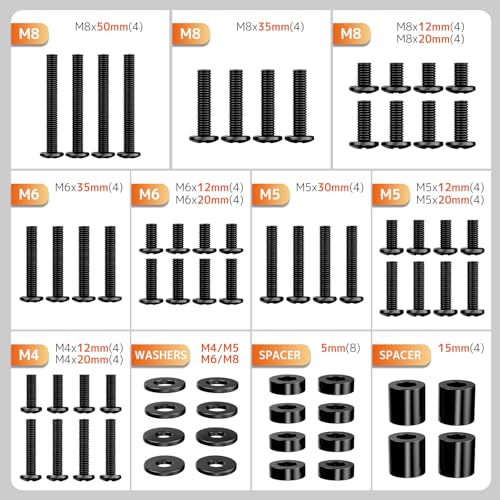 Universal TV Mounting Hardware Screw Kit - Complete Set of M4 M5 M6 M8 Bolts with Washers & Spacers for Most TV Wall Mounts/Display up to 80 inches, Fits VESA Standard (Black)