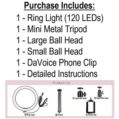 DaVoice 10" 3 Light Modes Desktop Ring Light for Zoom Meetings, with Stand, Phone Holder, USB Powered