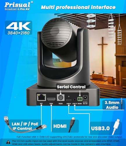 Prisual 4K HDMI/IP/USB PTZ Camera 20X, Advanced PTZ Auto Tracking Camera, 1/1.8”4K UHD 30P with Built-in Tally Light for Church Conference Events, PoE, PT20X-4K (NDI upgradable) - color: Nickel Gray