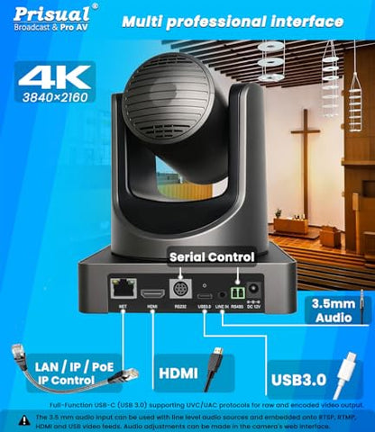 Prisual 4K HDMI/IP/USB PTZ Camera 20X, Advanced PTZ Auto Tracking Camera, 1/1.8”4K UHD 30P with Built-in Tally Light for Church Conference Events, PoE, PT20X-4K (NDI upgradable) - color: Nickel Gray