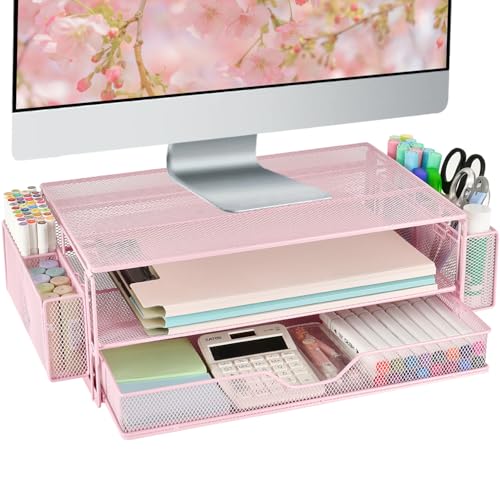 AUPSEN Computer Monitor Stands Riser，2-Tier Desk Organizers and Accessories, Office Desk Accessories Organizer with Drawers and 2 Pen Holder for Office Supplies (Pink) - color: Pink Metal