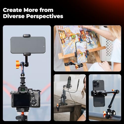 K&F CONCEPT 9.8" Magic Arm Clamp with Phone Holder, 360° Ball Heads Camera Arm Mount for Phone/LED Lights/Monitor/Flash/Microphone/DSLR Camera - style: 9.8" with phone holder