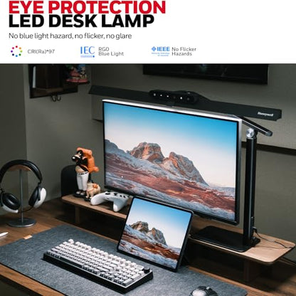 Honeywell LED Desk Lamp with Base - HJ1BK Sunturalux Eye-Caring Architect Desk Lamp for Home Office, 1200LM Computer Desk Light 4 Color Modes Stepless Dimming Task Desk Light with Timer Function Black - style: Black Base