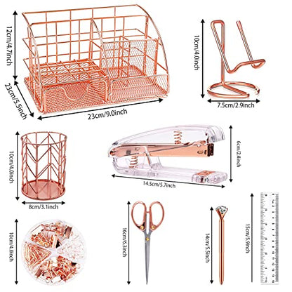 KAAKOW Rose Gold Desk Organizers and Accessories Office Supplies Set Stapler, Pen Holder, Phone Holder, Scissors, Pen, Ruler, 30 Paper Clips, 22 Binder Clip, 20 Tacks and 1000pcs Staples - color: Rose Gold