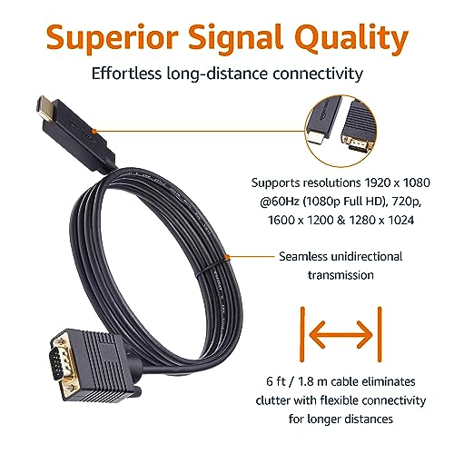 Amazon Basics HDMI (Source) to VGA (Display) Cable (ONE-Directional), Male to Male, 1080P, Gold-Plated, 6 feet, Black - size: 6 feet