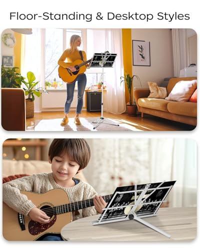 K KASONIC - Music Stand, 2 in 1 Dual-Use Folding Sheet Music & Desktop Book Stand, Portable, Lightweight with Music Sheet Clip Holder & Carrying Bag Suitable for Instrumental Performance, White - color: 1 Pack White