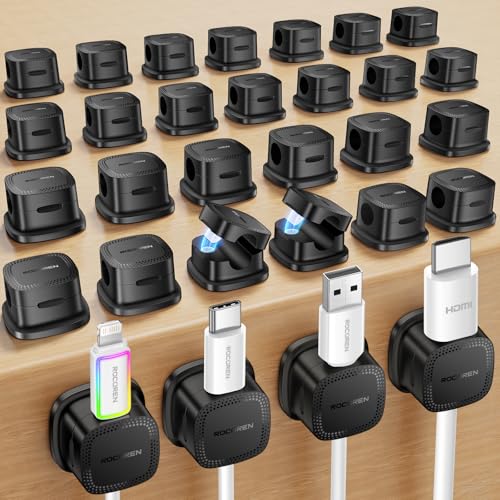 30-Pack Magnetic Cable Clips Cord Organizer,Cable Straps Smooth Adjustable,Rocoren Cable Management Accessories,Cable Holder Clips Wire Holder Keeper for Desktop,Nightstand,Home Office,Workspace,Phone - color: Black