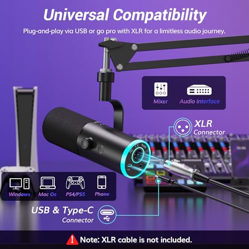 TONOR Dynamic Gaming Microphone, XLR/USB Mic Streaming, AI Noise Cancellation, Controlable RGB, Tap Mute, 3.5mm Headphone Jack, Volume Control, Microfono with Boom Arm, Black, TD510 AIR S H+