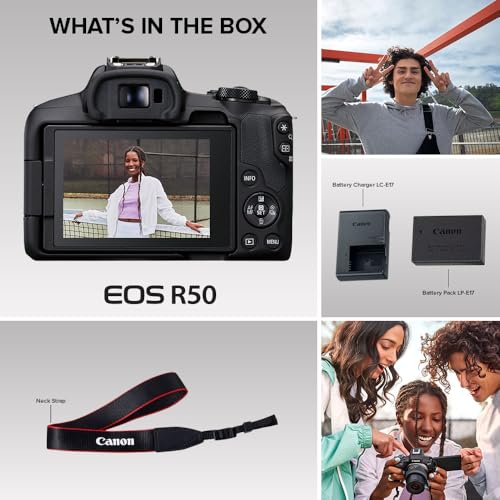 Canon EOS R50 Mirrorless Vlogging Camera (Body Only/Black), RF Mount, 24.2 MP, 4K Video, DIGIC X Image Processor, Subject Detection & Tracking, Compact, Smartphone Connection, Content Creator | 24.2MP Aps-C, Digic X, Dual Pixel Af Ii, 4k30p, Up to 15 Fps,