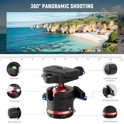 NEEWER Basics 70.9" Camera Tripod Monopod with Center Column & Ball Head, Quick Release Overhead DSLR Cell Phone Holder Stand Compatible with iPhone Travel Video Recording, 17.6 lbs Max Load, TP16 - style: TP16 w/Ball Head