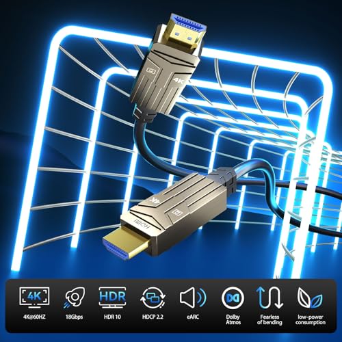 Soonsoonic Fiber Optic HDMI Cable 200ft,18Gbps 4K@60Hz(4:4:4) Unidirectional Active 2.0 Cord,Support HDR10 ARC HDCP 2.2 3D CEC Atmos DTS:X, Ultra high Speed Flexible and Slim（60m） - size: 200FT
