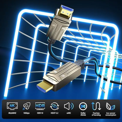 Soonsoonic Fiber Optic HDMI Cable 200ft,18Gbps 4K@60Hz(4:4:4) Unidirectional Active 2.0 Cord,Support HDR10 ARC HDCP 2.2 3D CEC Atmos DTS:X, Ultra high Speed Flexible and Slim（60m） - size: 200FT