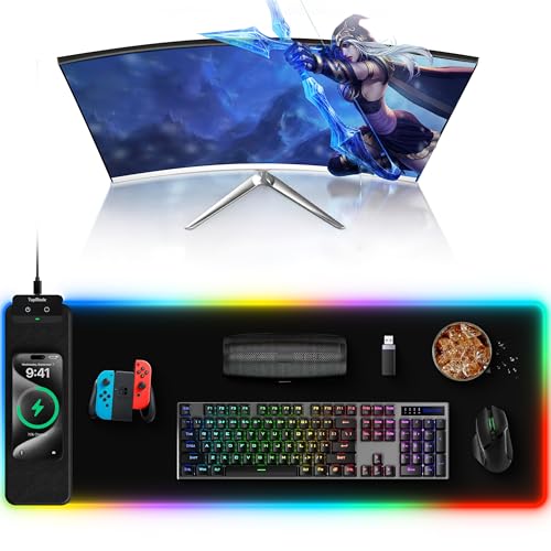 TopMade Mouse Pad with Wireless Charging, 31.5" x 11.81" Large Desk Mat RGB Gaming Mousepad, LED Desk Pad Keyboard Pad with Ultra-Smooth Surface & Non-Slip Rubber Base, Waterproof Desk Pad - color: RGB-31.5"x11.8"
