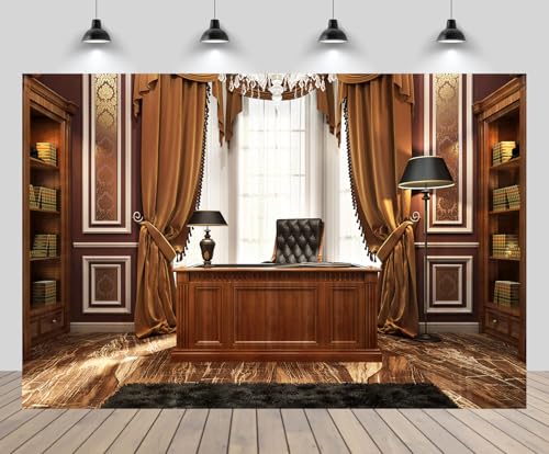 7x5ft Luxury Wood Home Office Backdrop Retro Classic Desk Chandelier Bookshelf Window Library Video Conference Background Business Conversation Room Video Recording Zoom Calls Photo Props - size: 7x5FT