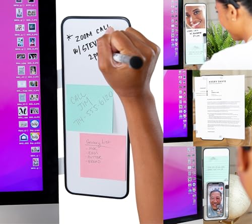 Multi-Use Laptop and Monitor Memo Board; 11.8" x 4.3" Magnetic Whiteboard, White Brackets, Marker, Mirror, and 4 Magnets Included; Document Holder; Small Dry Erase Board; Sticky Note Holder - color: White
