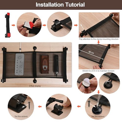 HX AURIZE Under Desk Cable Management Net – Flexible Wire Organizer with Side Rods & Center Hooks – Elastic Mesh Kit for Standing & Office Desks – Adhesive Positioning and Screw Lock Black