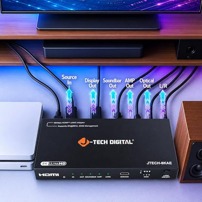 J-Tech Digital 8K HDMI Audio Extractor with eARC ARC 8K 60Hz 4K 120Hz, HDMI to Optical L/R Converter Adapter, HDCP 2.3 HDR CEC EDID [JTECH-8KAE] - size: 8K 60Hz