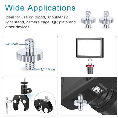 1/4" Male to 1/4" Male Threaded Tripod Screw Adapter, Double Head Stud Mounting Thread Converter for Camera, Monitor, LED Light, Microphone, Shoulder Rig - 2 Packs