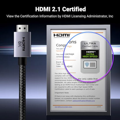 UGREEN 8K HDMI 2.1 Cable 48Gbps 16FT, Certified Ultra High Speed HDMI Cord Aluminum, 4K@240Hz 120Hz 10K 8K@60Hz, HDCP 2.2&2.3, eARC HDR 10 Dolby Compatible with PS5/Blu-ray/Roku TV/Switch 2/Mac mini - size: 16FT