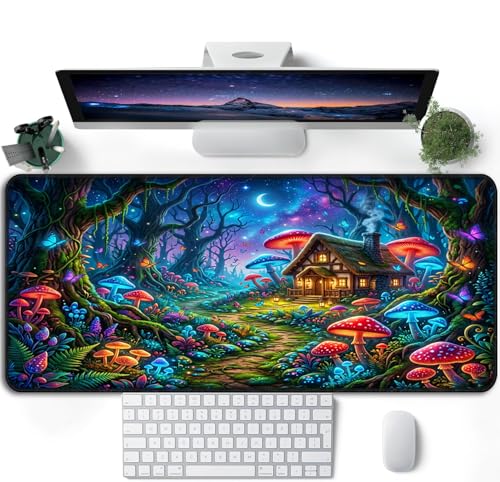 Blacklight UV Reactive Gaming Mouse Pad – Glow in the Dark Fantasy Mushroom Forest, Neon Nature Desk Mat, Non-Slip Extended Mouse Pad for PC, Laptop, Office & Gaming Setup - color: Mushroom Farmhouse