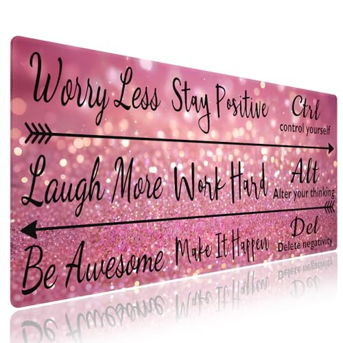 Stay Positive Work Hard with Arrows Large Mouse Pad, Pink Glitter Desk Mat | Inspirational Quote Black Red Design, Motivational, 31.5" x 11.8", XXL Gaming Stitched Keyboard Mat, Smooth, Anti-Slip - color: Inspirational Pink Glitter
