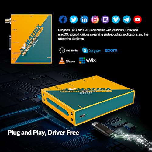 AVMATRIX UC7018 USB 3.0 Multi-Input Capture Card – SDI, HDMI, VGA, DVI, CVBS to USB for Live Streaming, Security Cameras & Teaching – 1080p60 Plug and Play with OBS, Zoom, Windows/Mac/Linux - color: UC7018