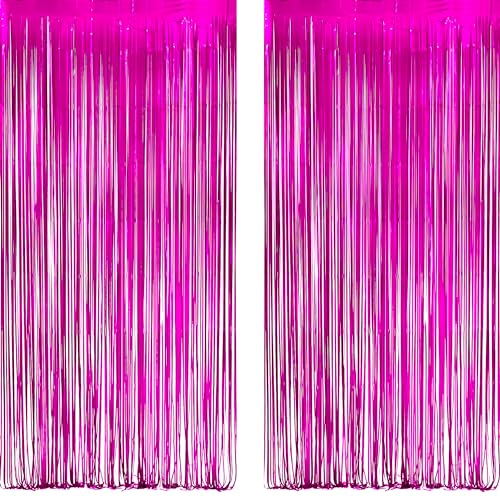 Hot Pink Party Streamers Backdrop - GREATRIL Shiny Fuchsia Tinsel Foil Fringe Curtain for Birthday/Flamingo/Fancy/Galentine/Breast Cancer Awareness Decorations - 3.2ft X 8.2ft - 2 Packs - color: Hot Pink
