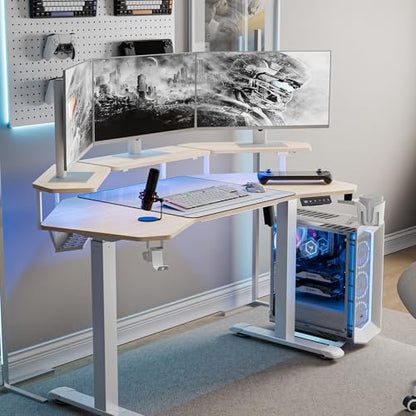 EUREKA ERGONOMIC Aero 55 Inch W Shaped Electric Standing Desk, Height Adjustable Computer Gaming Desk with LED Monitor Shelf, Mouse Pad, Headphone Hook, Cup Holder, Natural Maple - color: Maple, size: 55"W x 35"H-Adjustable
