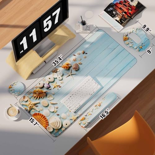 Desk Mat Set + Keyboard and Mouse Pad with Wrist Rest Support,4-in-1 Large Mousepad Computer Mats for Desktop Home & Office-Blue Shells - color: I-Blue Seashell