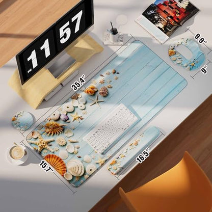 Desk Mat Set + Keyboard and Mouse Pad with Wrist Rest Support,4-in-1 Large Mousepad Computer Mats for Desktop Home & Office-Blue Shells - color: I-Blue Seashell