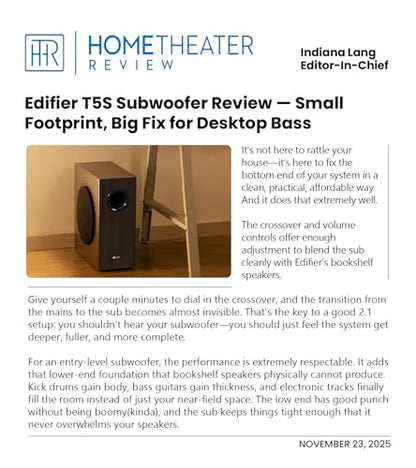 Edifier T5s Powered Active Subwoofer with 70W RMS, 8" Long-Throw Woofer, Deep Bass (35Hz) Speaker, Built-in Amp, Low Distortion, Phase Selector & Energy-Efficient for Home & Studio Audio, Black - color: Black