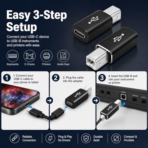 USB B to USB C Adapter, Computer-Cable-USB-to-USB-Adapters, Type C Female to USB Male, Support Data Sync, for Scanner, Printer, Camera, Electric Piano, Laptops