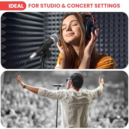 Pyle Adjustable Height Microphone Stand, 36.2" - 63.7” Inches Universal Mic Holder, Compact Design, Sturdy and Lightweight, Ideal for Studio and Concerts, With Mic Clip, Rubber Base (Black) - style: Round Base Floor Mic Stand