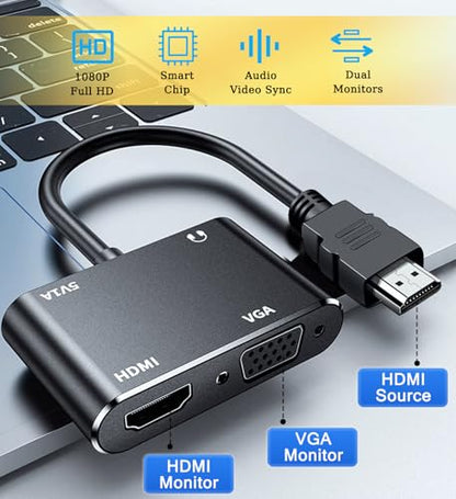 AKWOR HDMI to VGA+HDMI Adapter for Dual Monitor, HDMI to VGA & HDMI Splitter 1 to 2,1080P@60HZ Full HD Display Video Converter Compaitble with Windows/Mac Os/Linux, Plug & Play - style: HDMI to VGA + HDMI